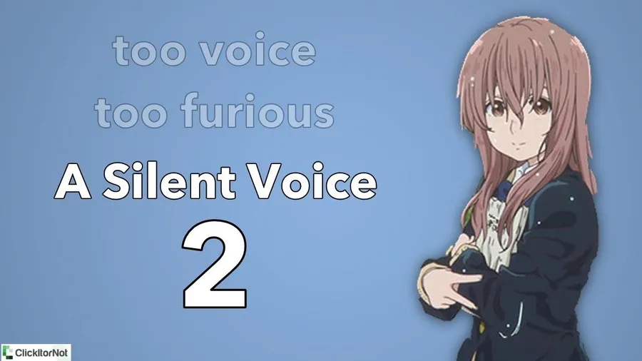 粉紅色頭髮的動漫女孩穿著校服,站在「A Silent Voice 2」文字旁邊。
