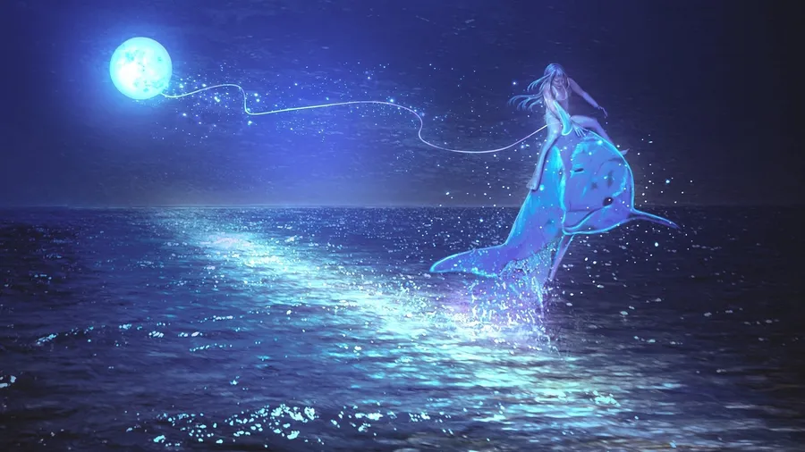 發光美人魚騎海豚在藍月下黑暗海洋上