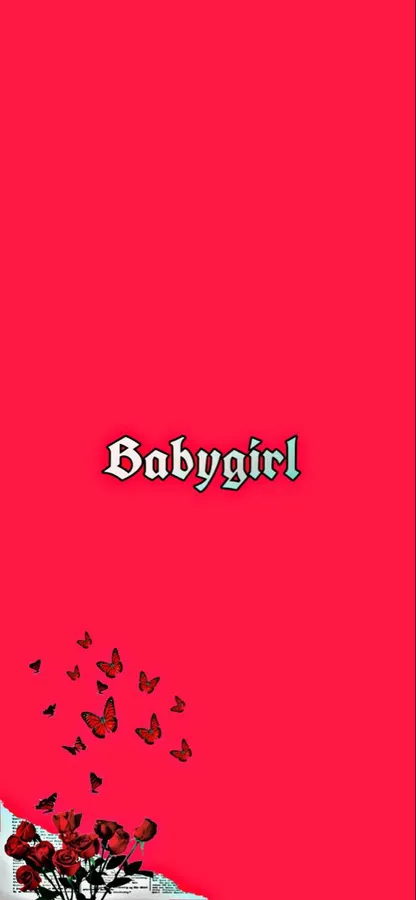 紅色背景,帶有「Babygirl」文字和玫瑰上方的蝴蝶。