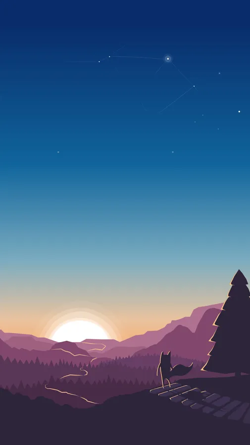 狐狸剪影在山丘上觀看日落越過山脈,星空下