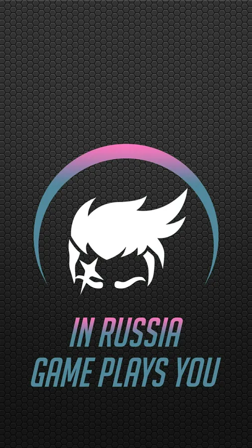 一個動漫風格的角色頭部,帶有彩虹弧線和文字「IN RUSSIA GAME PLAYS YOU」,背景為深色六邊形。