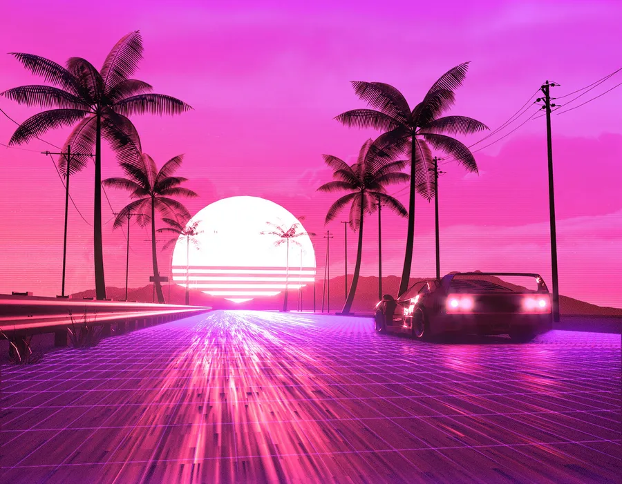 跑車在粉紅夕陽下,棕櫚樹旁,沿著霓虹粉紅網格道路疾馳。