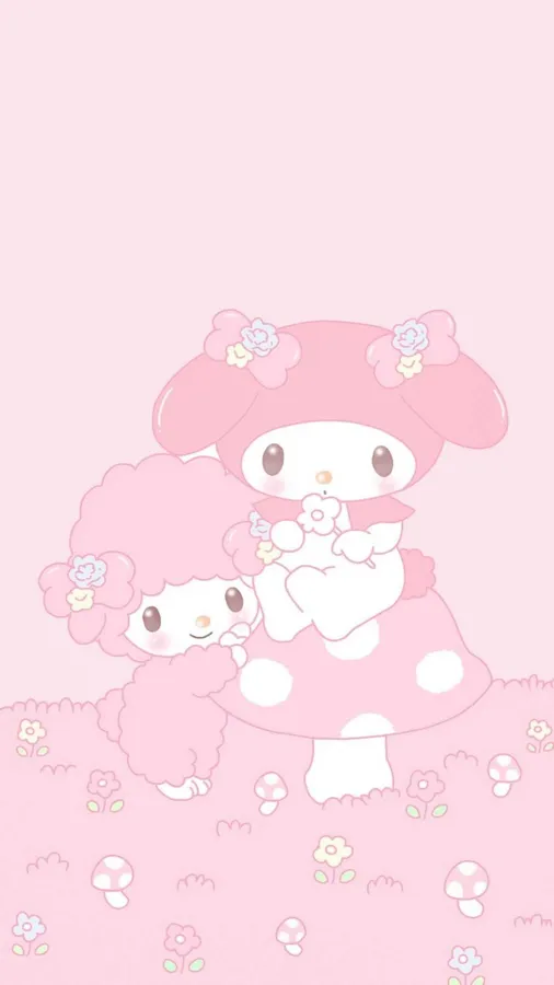 兩個 My Melody 角色在粉紅色田野中,有花朵和蘑菇。