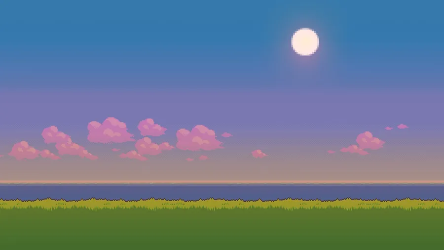 像素化夜空,月亮,粉紅雲,海洋,綠色草地