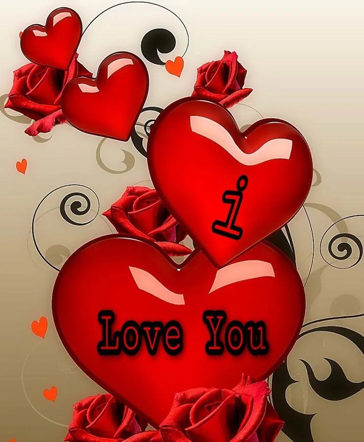 紅色心形和玫瑰,帶有「I Love You」文字,在米色漩渦背景上。