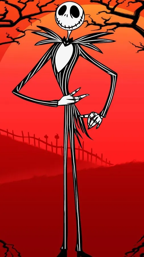 Jack Skellington 在紅色天空和光禿樹木的萬聖節場景中擺姿勢。