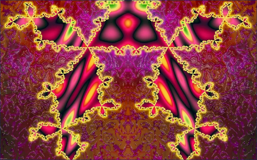 對稱的分形設計,帶有發光的洋紅色、黃色和橙色圖案。