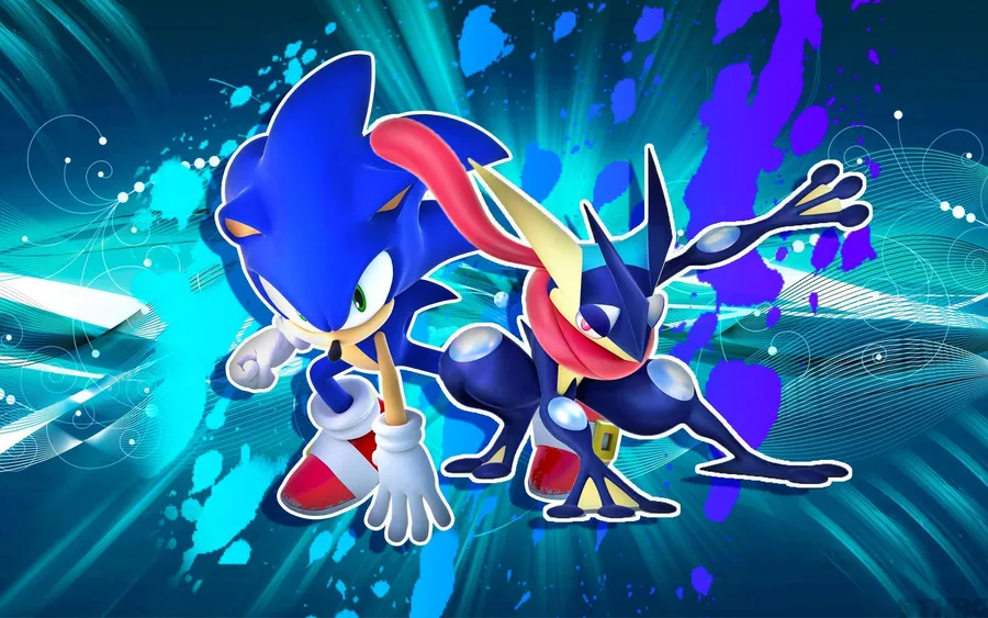 Sonic 和 Greninja 擺出動作姿勢,身後有發光的藍色和紫色能量漩渦。