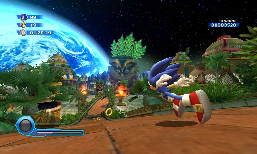Sonic the Hedgehog 喺叢林中奔跑,背景有星球。