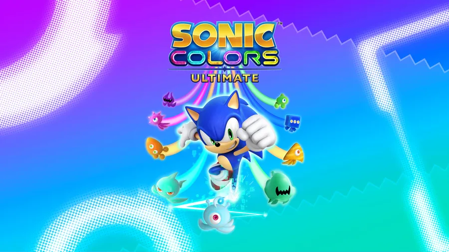 Sonic the Hedgehog 喺漸變背景前被色彩繽紛嘅敵人同翡翠包圍。