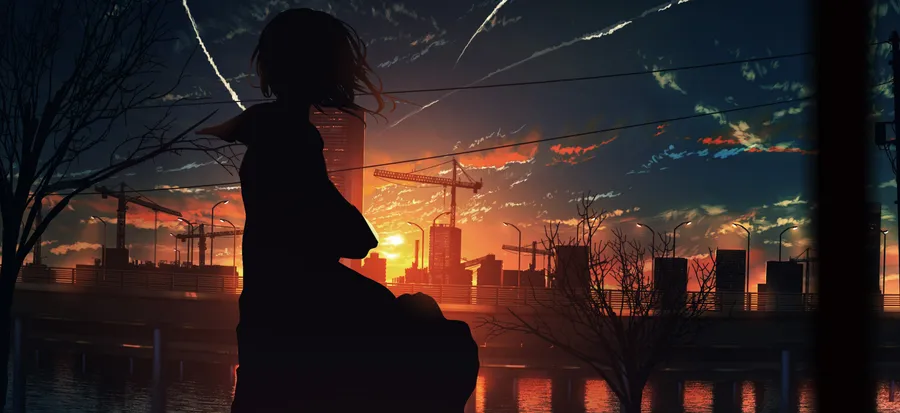 夕陽下俯瞰城市天際線的動漫女孩剪影,背景有建築起重機。