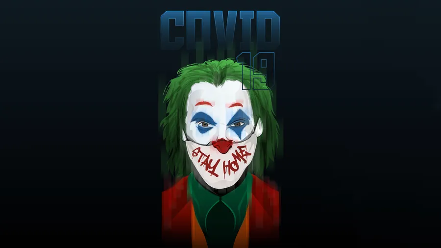 小丑戴著寫有stay home的口罩,上方有COVID 19文字。