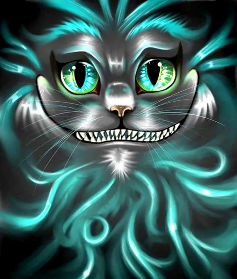 一隻帶有發光藍綠色眼睛和尖銳牙齒的兇猛銀色貓咪,被旋轉的藍綠色能量包圍。