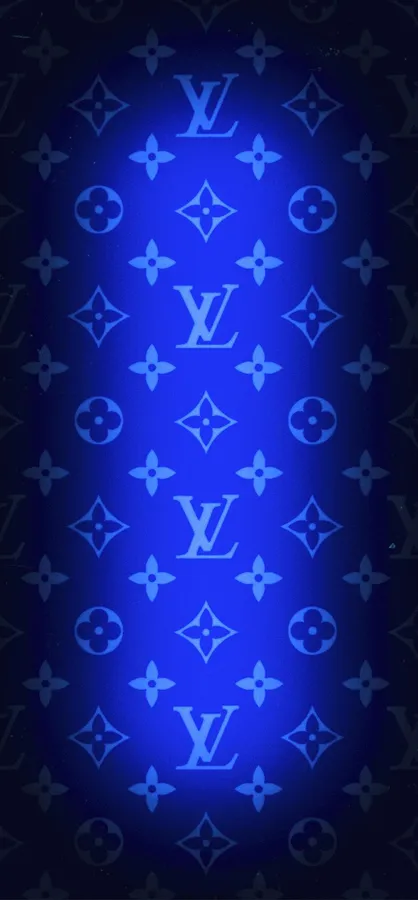 黑暗背景上發光的藍色 Louis Vuitton 字母組合圖案。