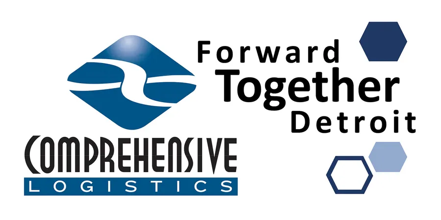 Comprehensive Logistics 標誌,帶有藍色形狀和標語 Forward Together Detroit。