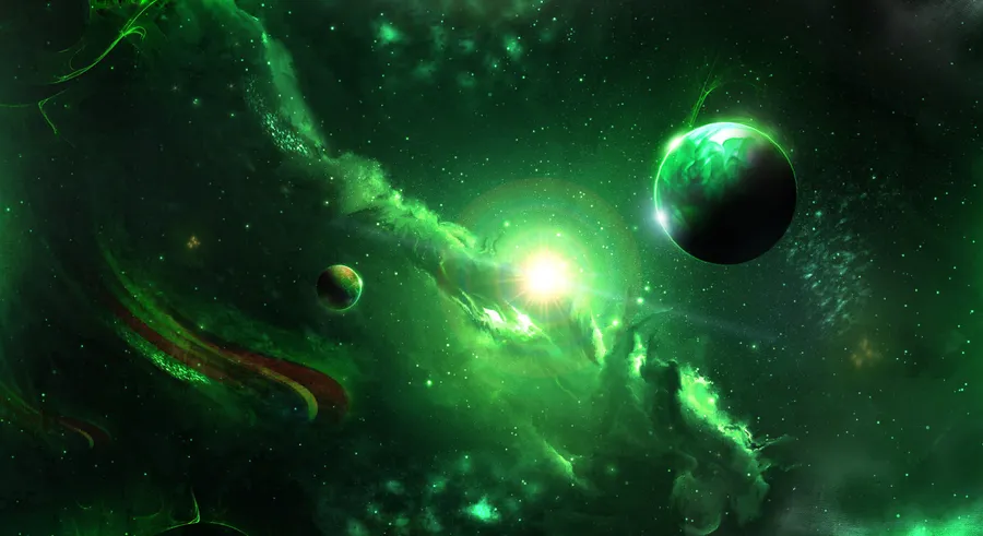 深空中帶有發光行星和恆星的綠色星雲。