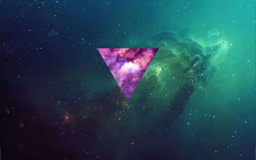 一個紫色三角形在佈滿星星的宇宙星雲中,帶有綠色和藍綠色的雲。