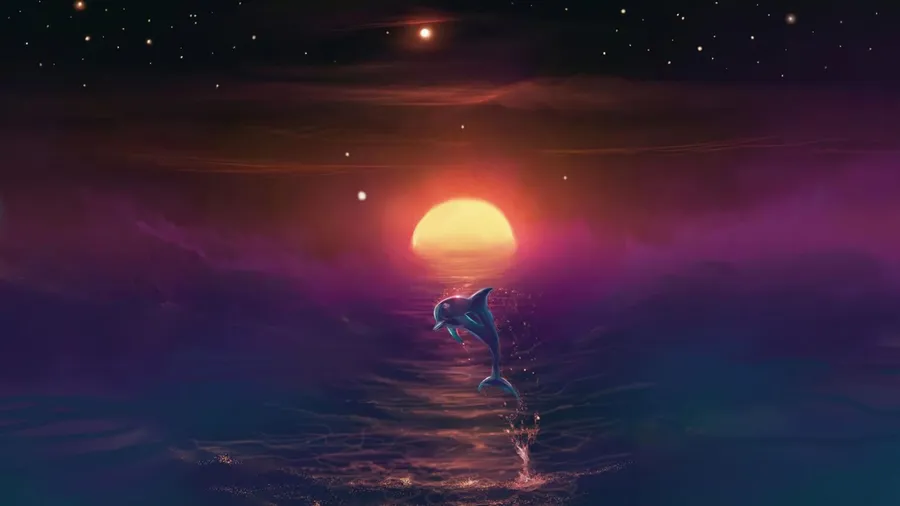 海豚從海洋中躍起,在星空日落天空下,帶有宇宙色彩。