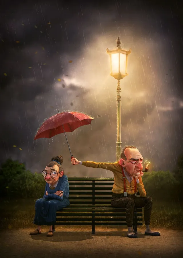 兩個卡通老人在雨夜街燈下的長椅上共用一把紅色雨傘。