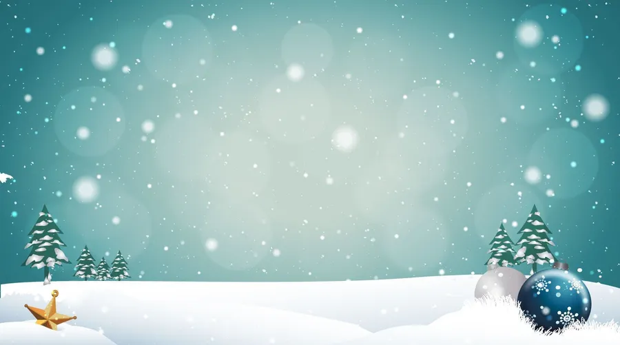 青綠色天空下,松樹和節日裝飾的雪白冬日場景。