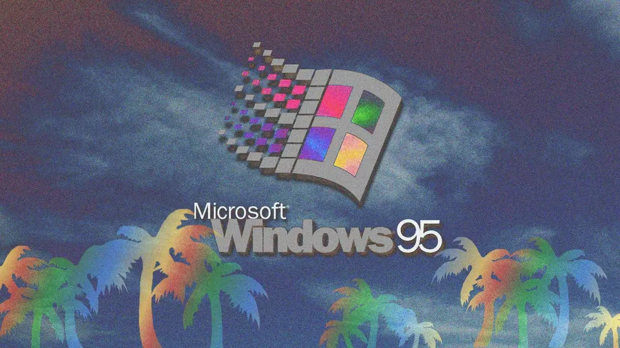 Windows 95 標誌與彩虹棕櫚樹,暮色天空下