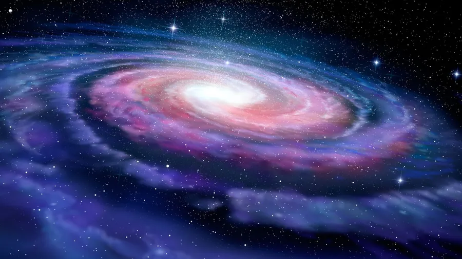 一個色彩繽紛的螺旋星系,在深空中擁有發光的旋臂和散落的恆星。