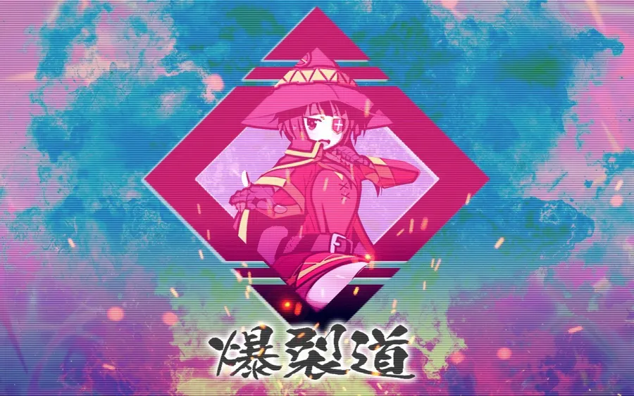 身穿紅色服裝和帽子的動漫女孩,在一個帶有故障效果和日語文字的發光粉紅色鑽石內。