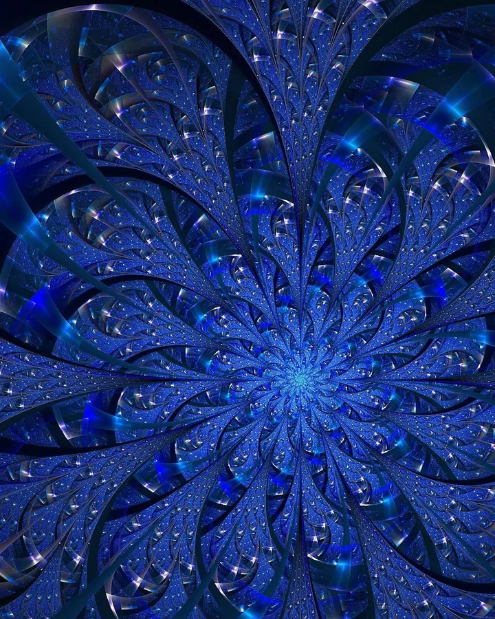 充滿活力的藍色分形藝術作品,帶有發光的高光和重複的幾何圖案。