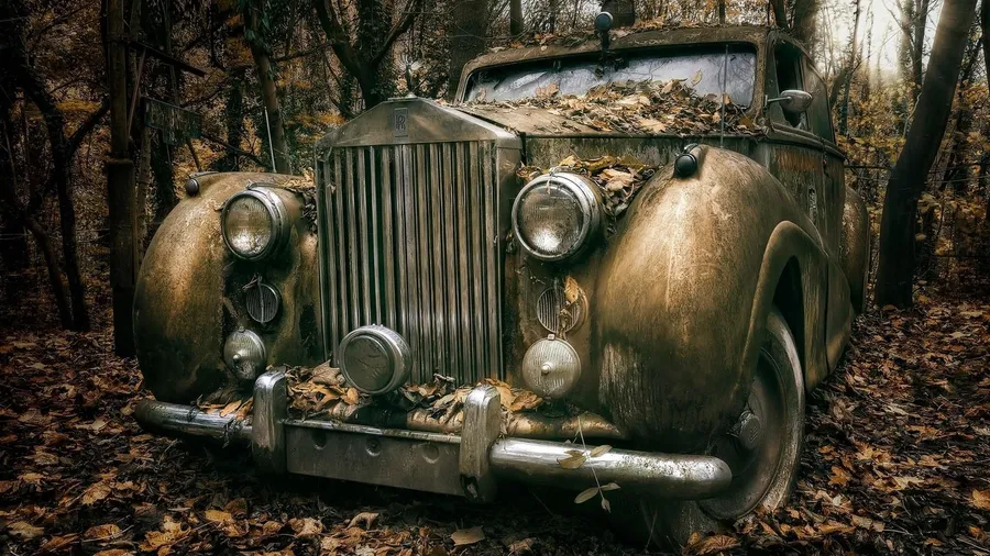 森林中落葉下生鏽的復古汽車。