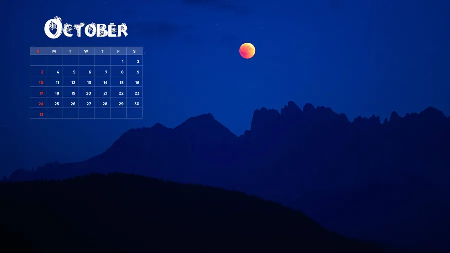 十月日曆疊加在夜晚場景上,有山巒和發光的月亮。