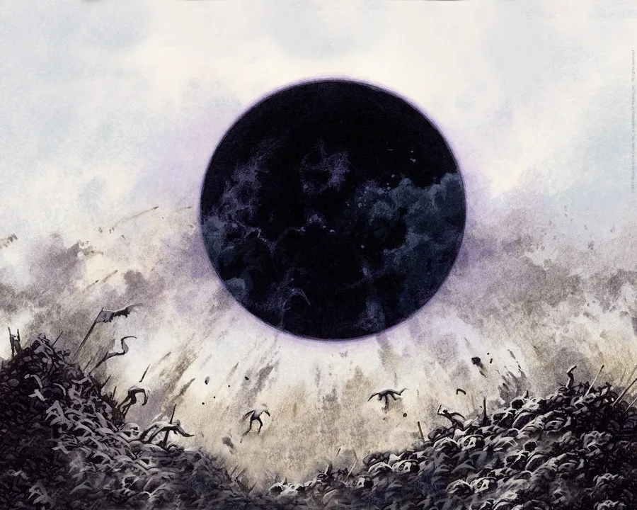 一顆黑暗行星懸浮在貧瘠的荒地上,骷髏鳥在霧中飛翔。