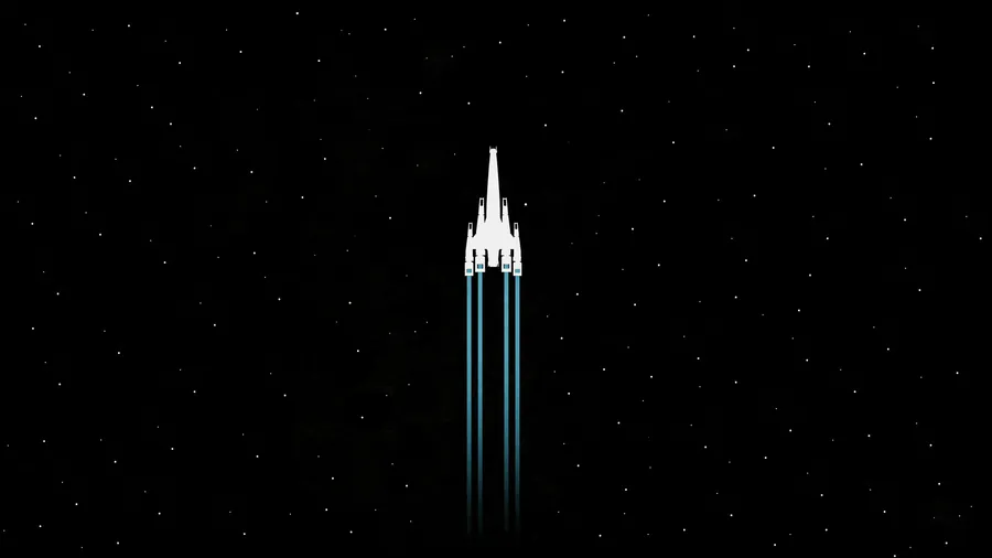 白色太空船配備藍色推進器穿過星場上升。