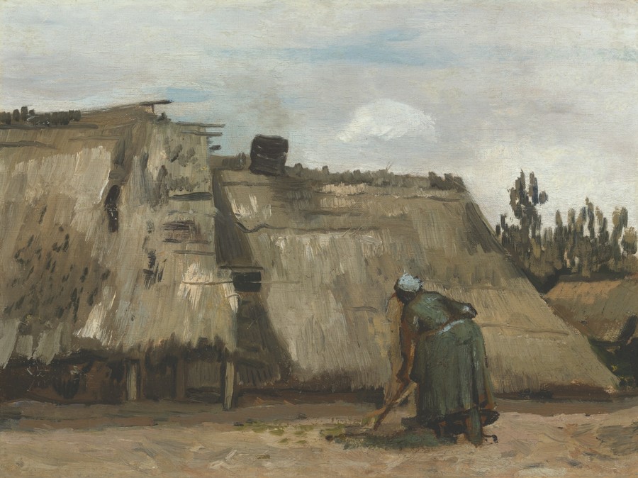 文森特·梵高嘅作品《農婦喺小屋前面掘地》，約1885年創作，油畫。將呢幅藝術作品下載做高清 wallpaper 用
