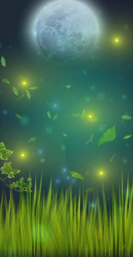 月光下的草地,夜晚有發光的螢火蟲和漂浮的葉子。