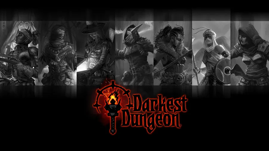 七個陰沉的冒險者穿著暗色盔甲,站在發光的紅色Darkest Dungeon標誌上方。