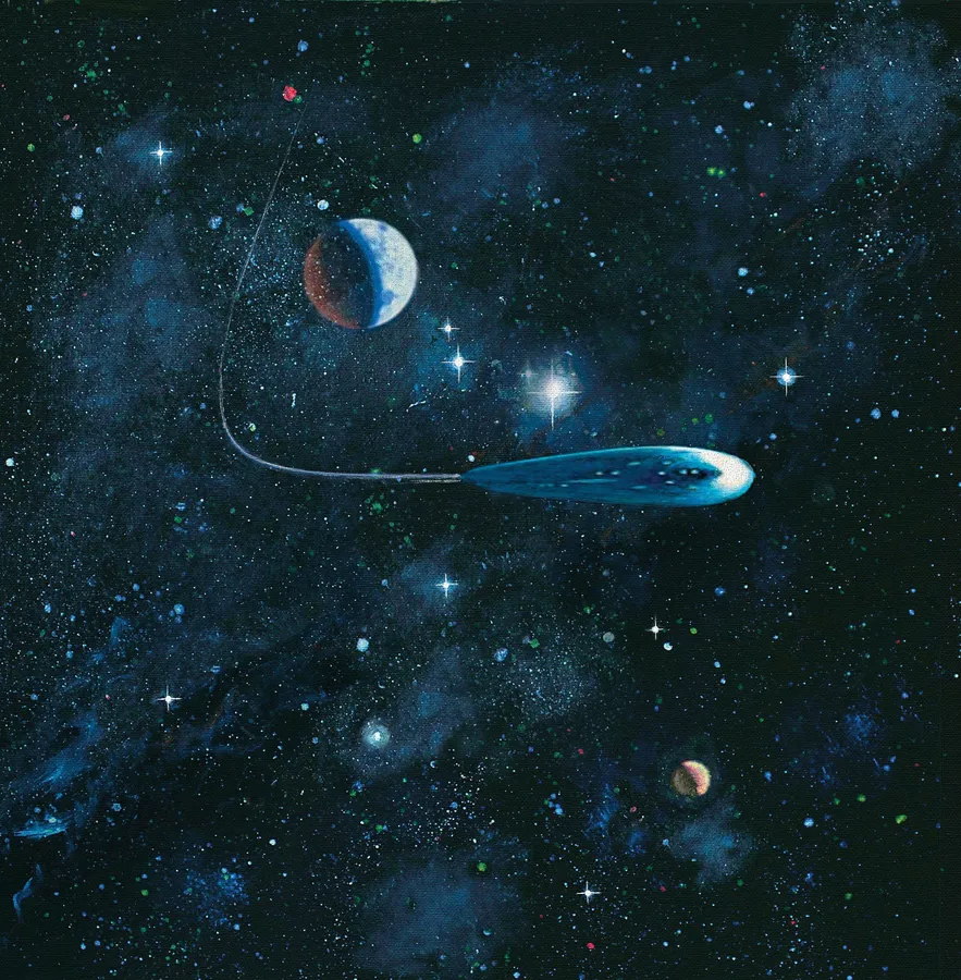 一艘藍色太空船在充滿星星的星系中旅行,靠近月球和行星。