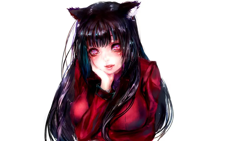 有貓耳和紅眼睛的動漫女孩將下巴擱在手上。
