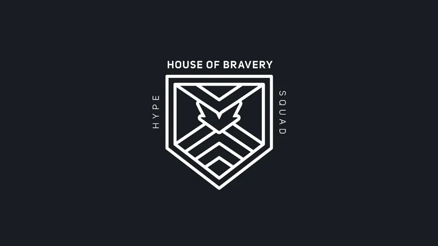 白色簡約標誌,用於House of Bravery Squad,背景為黑色。
