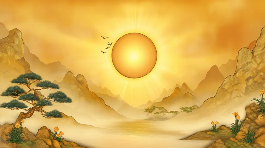 金色太陽在霧氣山巒上升起,有松樹和橙色花朵
