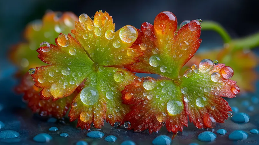 藍色表面上沾滿露珠的紅綠葉特寫