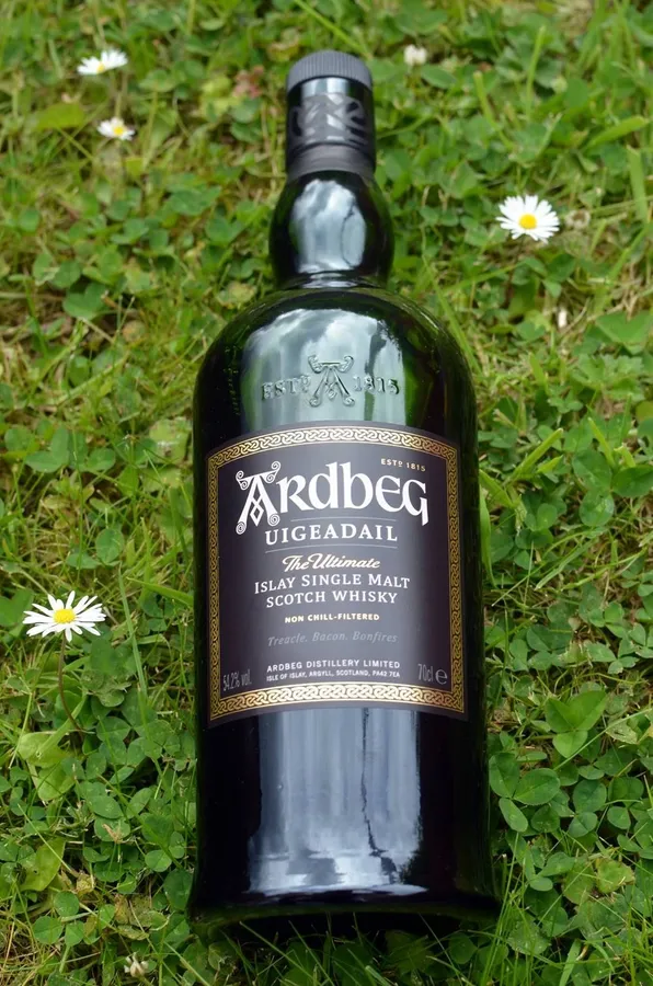 一瓶 Ardbeg Uigeadail 威士忌連同雛菊躺在草地上。