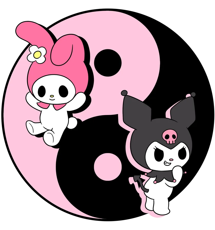 My Melody 和 Kuromi 卡通角色在粉紅色和黑色的陰陽背景上。