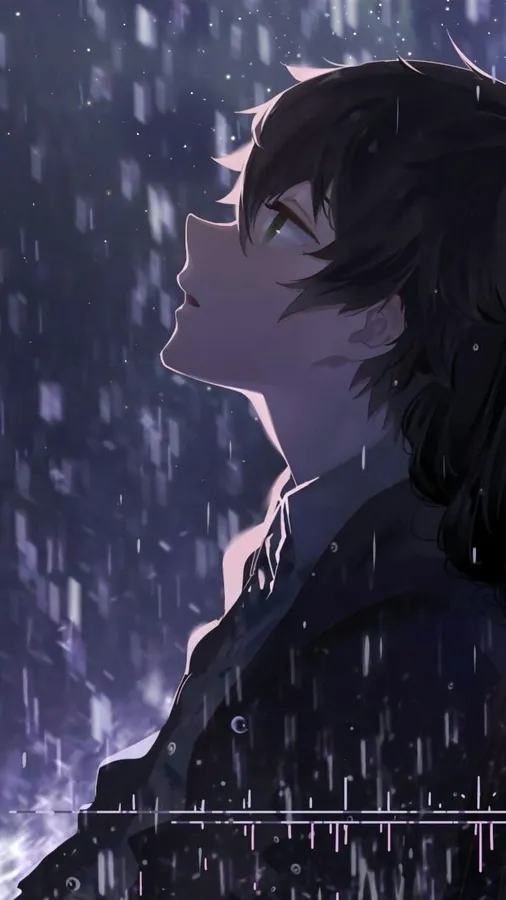 夜晚雨中發光眼睛和數位效果的動漫男孩