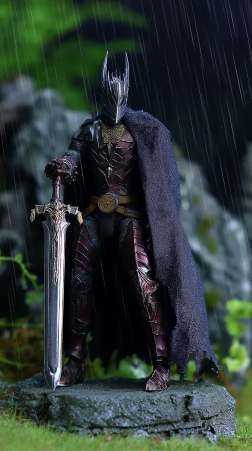 深色盔甲戰士手持華麗劍站在雨中苔蘚石上