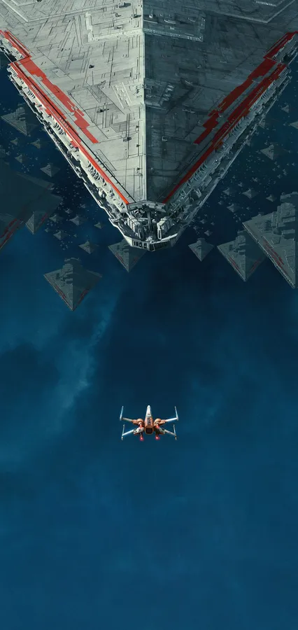 星際戰機在太空中的巨型滅星者戰艦下方飛行