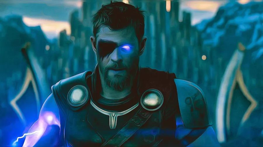 托爾(Thor)擁有發光的眼睛和閃電,站在神秘的城市中。