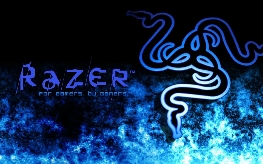 發光的藍色Razer標誌和文字在熾熱的藍色和黑色背景上。