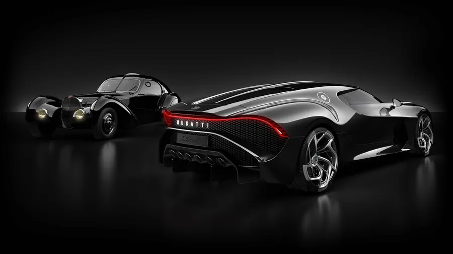 兩輛黑色Bugatti超級跑車在帶有反射地板和戲劇性燈光的昏暗工作室中展示。