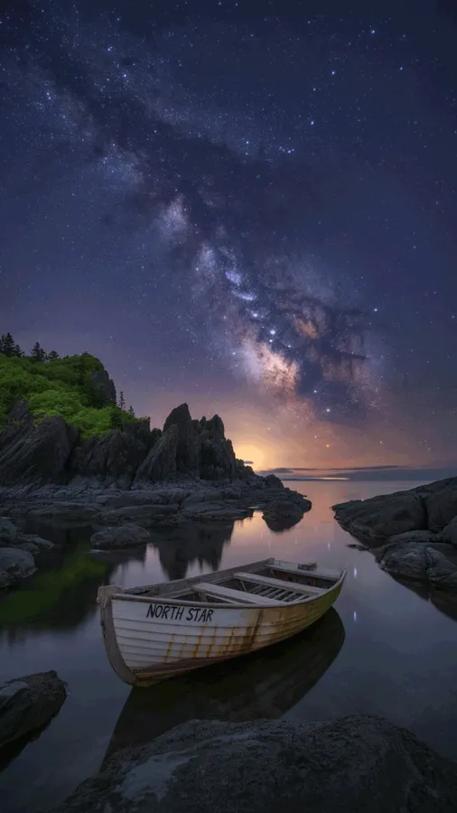一艘名為北極星的小船在岩石環繞的海灣中靜靜漂浮,上方是星光閃爍的夜空。