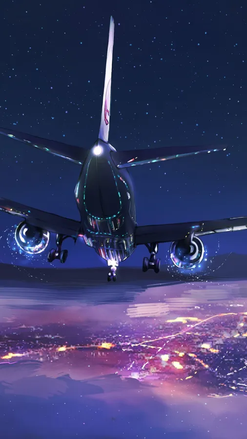 未來主義飛機在星空下夜間降落在發光的城市上空